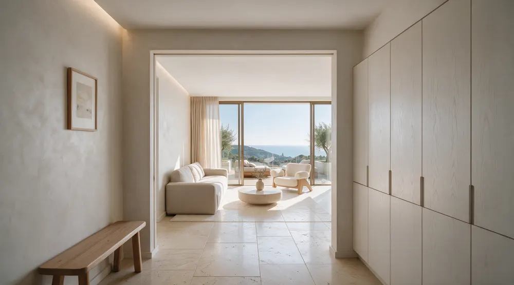 The entry hall with a honed travertine floor