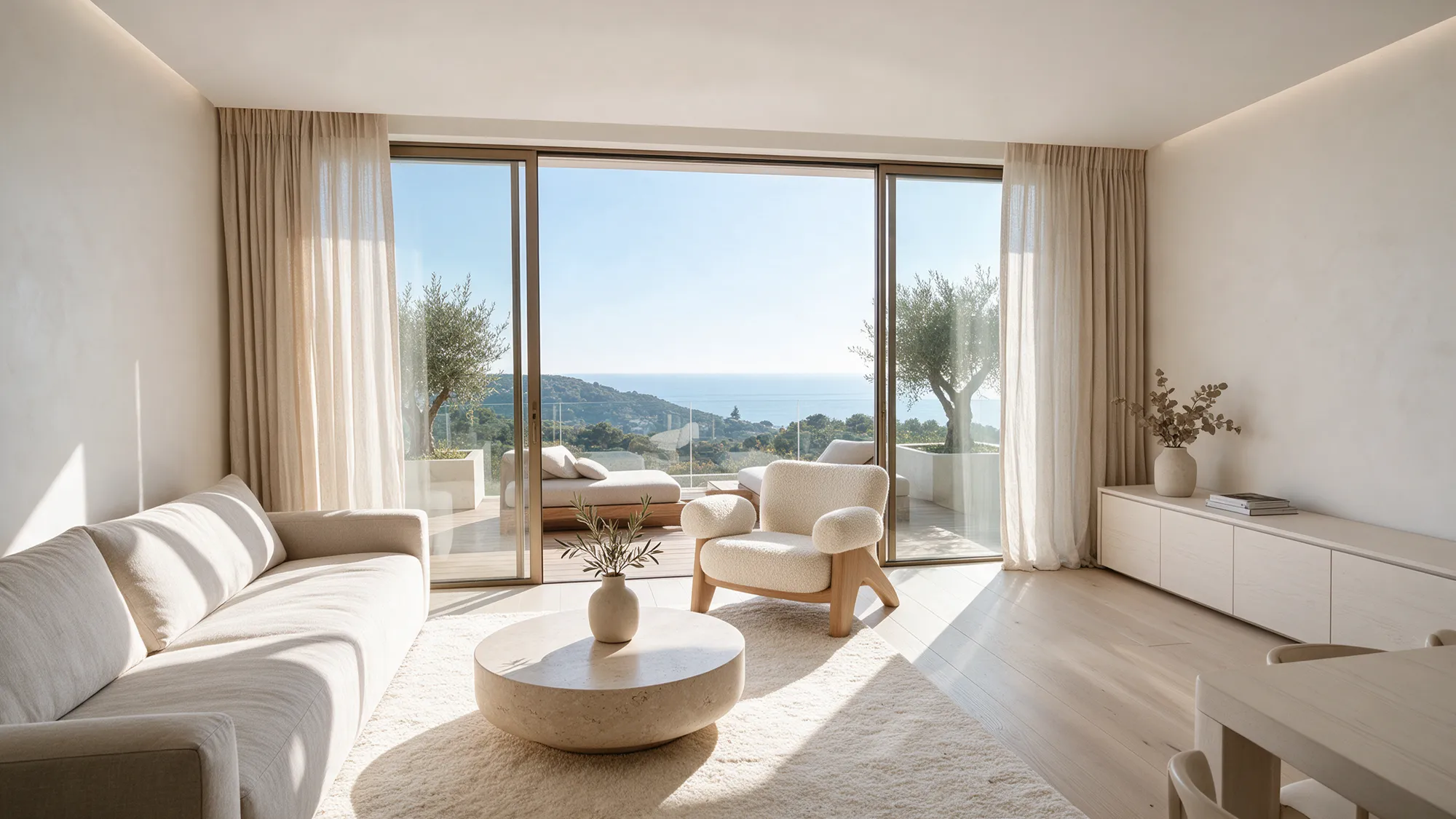 The finished living room: a linen sofa, a round travertine table and sliding glass doors to the balcony